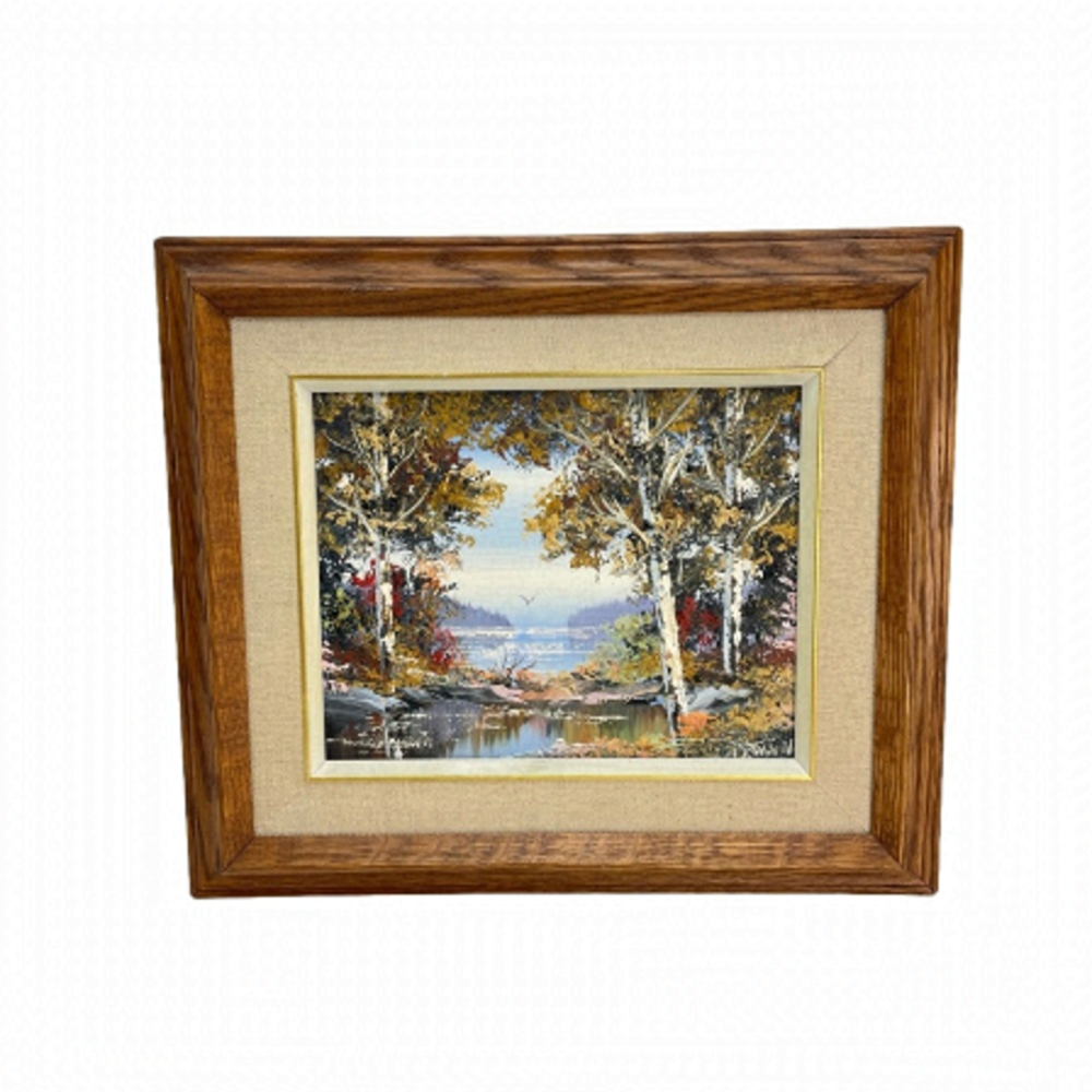 Vintage Oil on Canvas Painting Autumn Lake Scene Signed by Artist